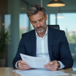 Homme d'affaires en costume navy examine documents officiels