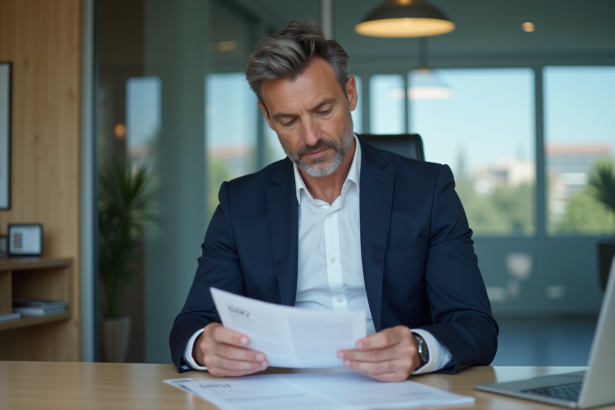 Homme d'affaires en costume navy examine documents officiels