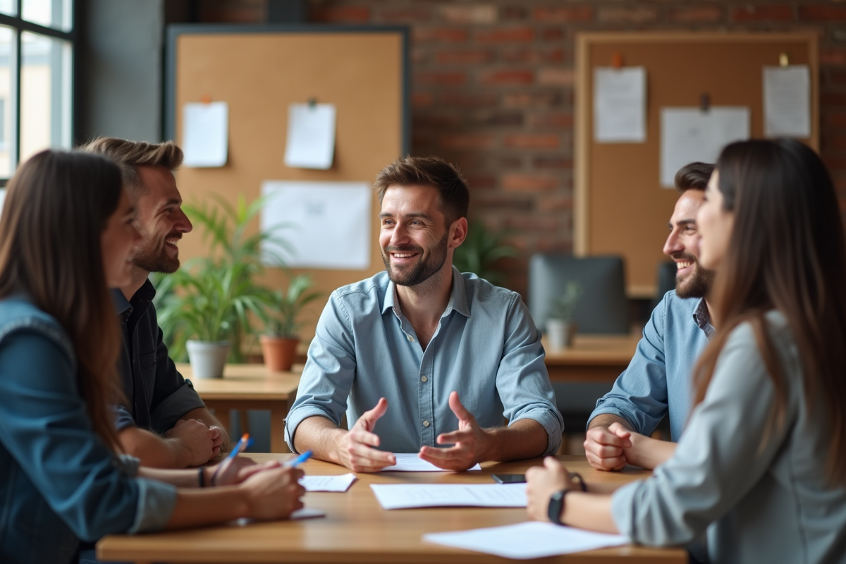 Homme en groupe de brainstorming dans un espace collaboratif