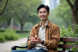 Jeune homme asiatique tenant une figurine de tigre en plein air