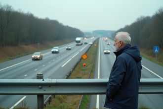 Homme en windbreaker devant une barriere de route