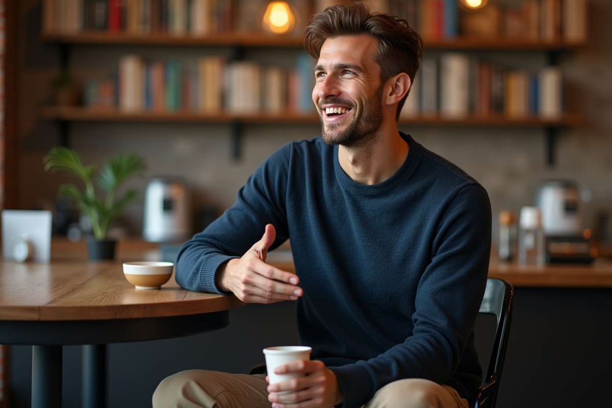 Homme souriant en café avec tasse et livres