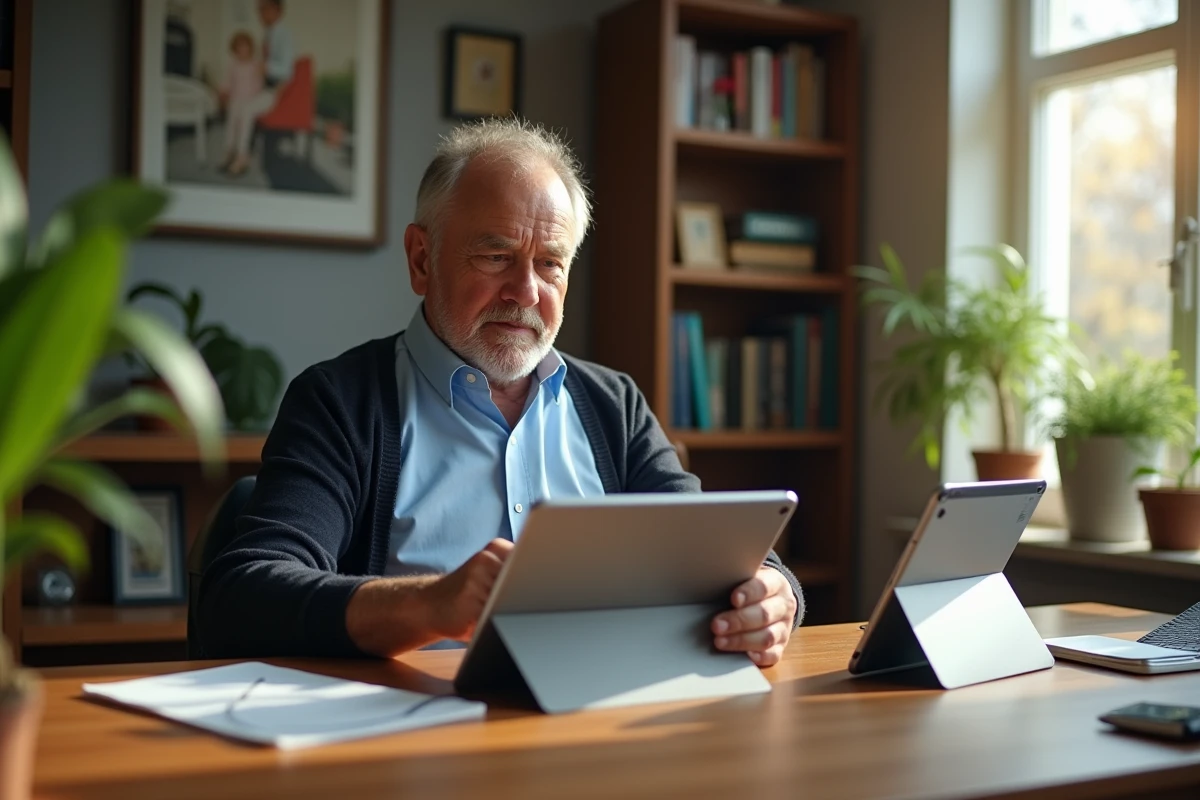Homme âgé comparant deux tablettes dans un bureau lumineux