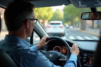 Homme d'âge moyen regardant le compteur digital dans la voiture