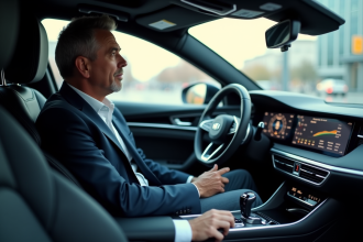 Homme d'âge moyen dans une voiture moderne et élégante