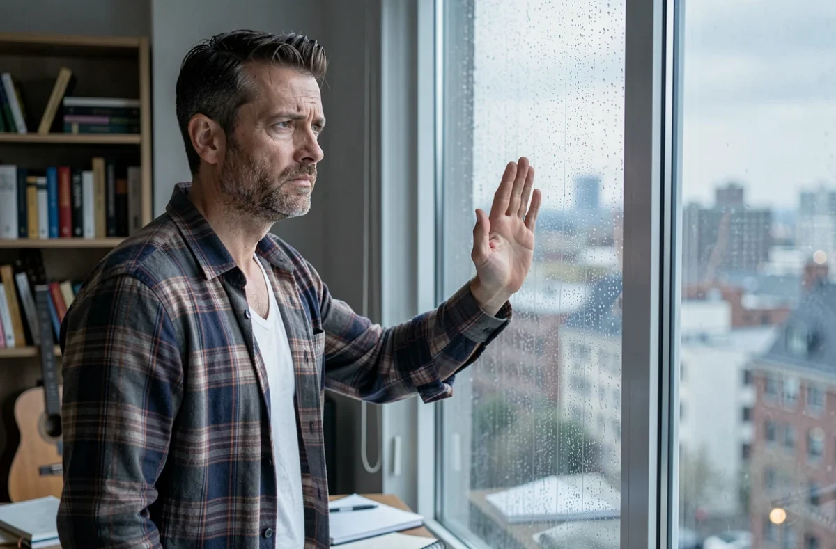 Homme regardant par une fenêtre pluvieuse dans un appartement, posture de réflexion et de résilience face à la maladie chronique