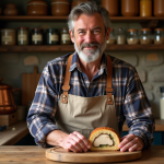 Homme français avec terrine de foie gras dans la cuisine