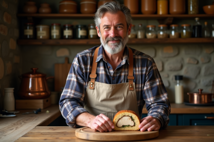 Homme français avec terrine de foie gras dans la cuisine