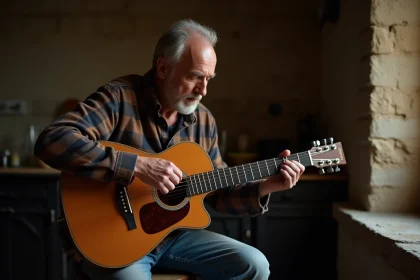 Homme mature jouant de la guitare acoustique dans une cuisine rustique française, ambiance nostalgique évoquant la chanson française de Cabrel