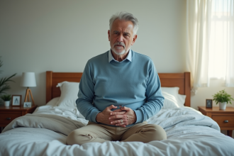 Homme inquiet en intérieur se tenant le ventre