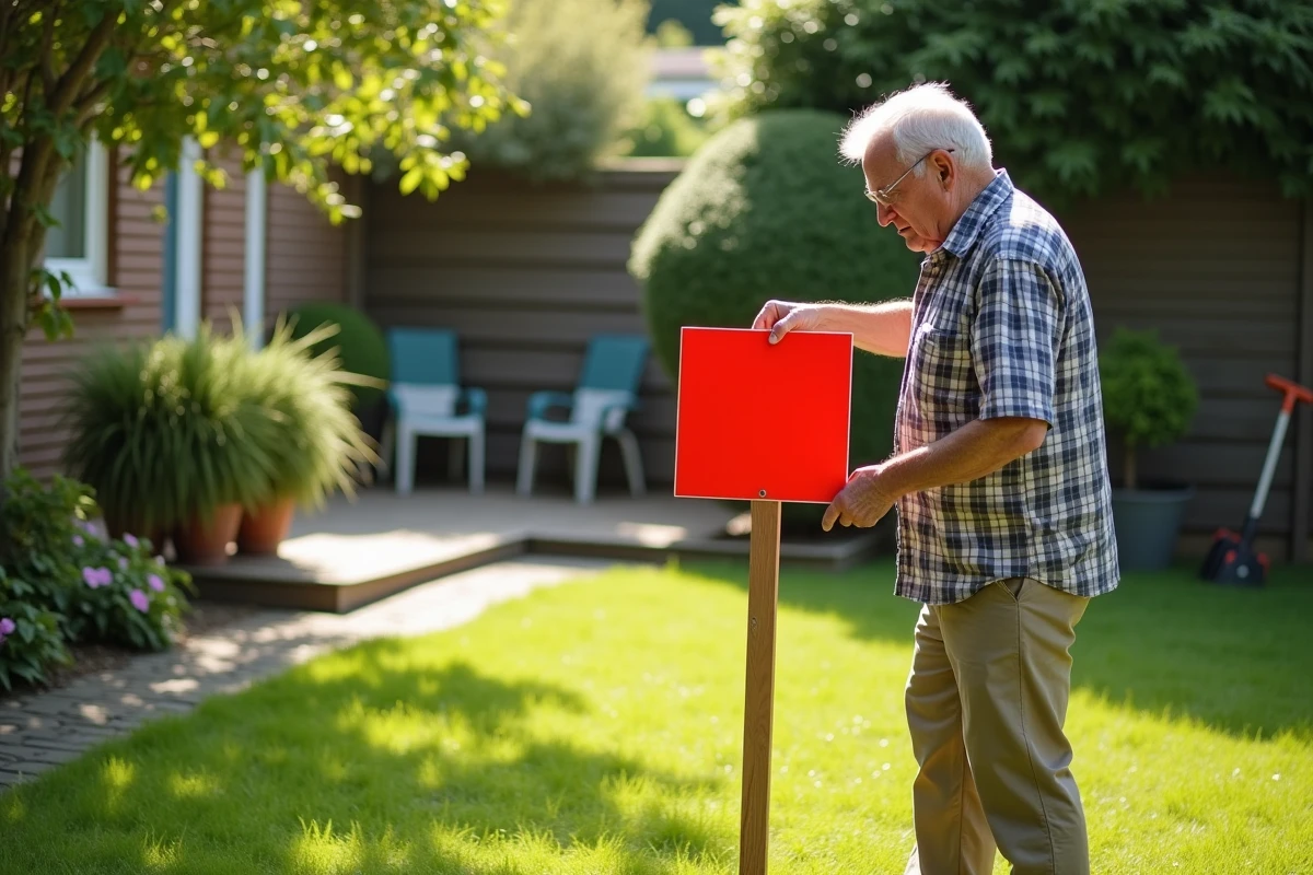 Homme âgé pose un panneau d avertissement près du nid de guêpes