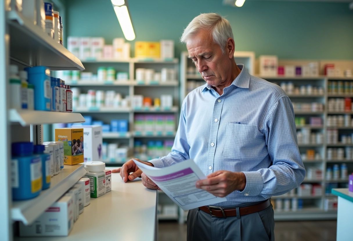 Homme âgé lisant un flyer dans une pharmacie