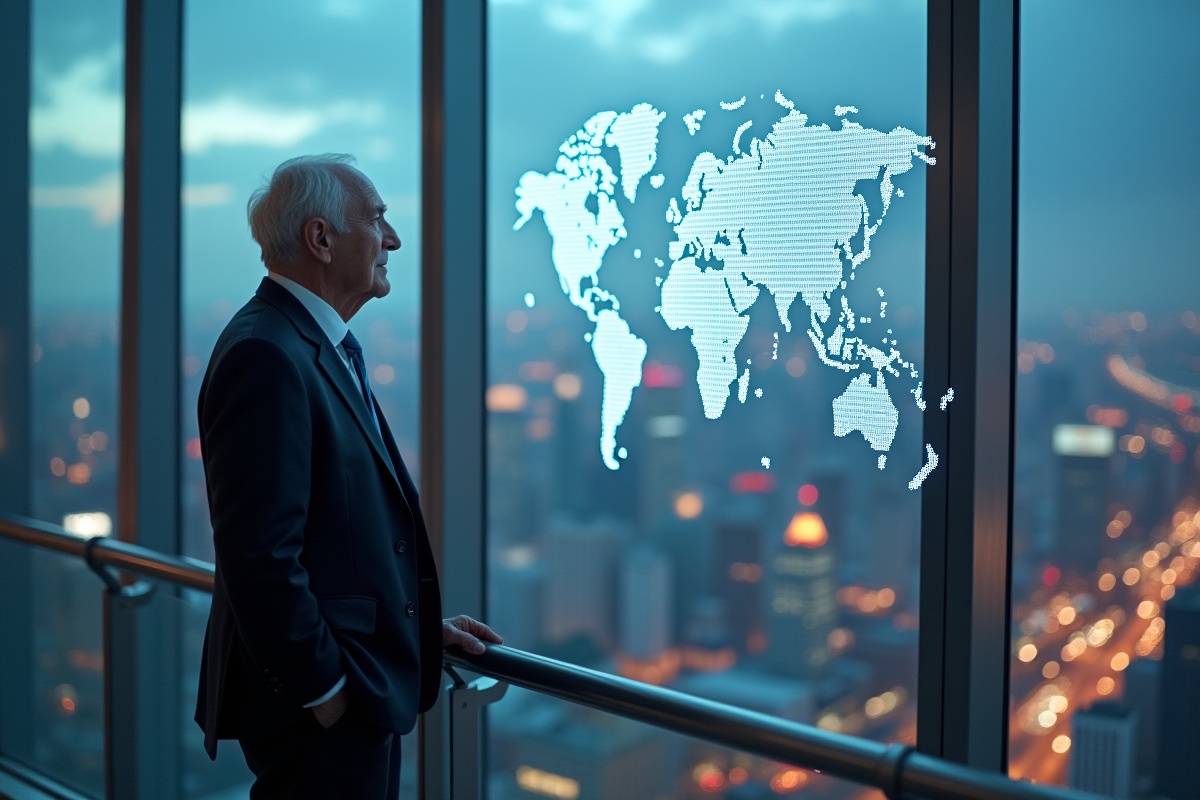 Homme d age regarde une carte digitale dans une ville futuriste