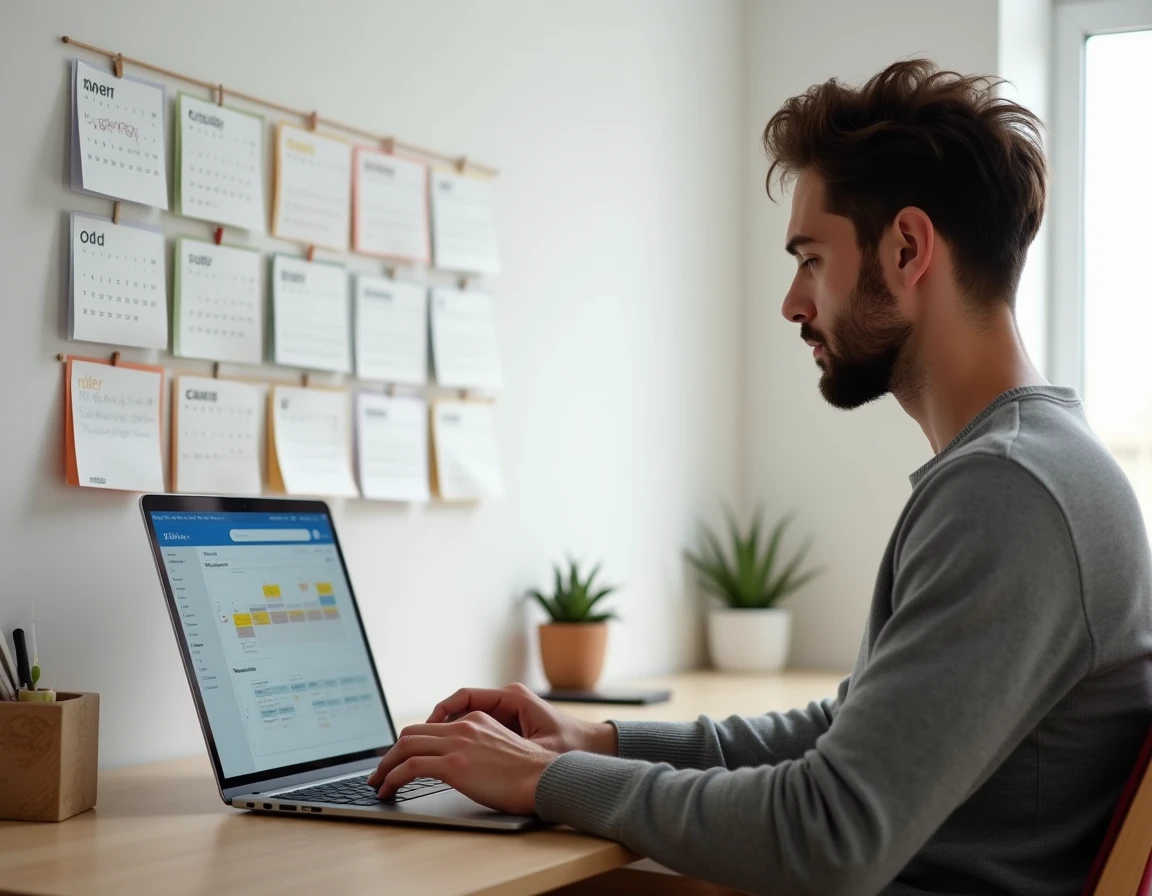 Homme paramétrant le calendrier Outlook 2026 avec numérotation des semaines paires et impaires depuis un bureau à domicile