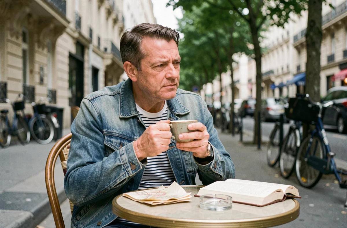 Homme pensif en veste en jean attablé à une terrasse de café parisien avec un carnet de paroles, atmosphère introspective et urbaine typique de la chanson française