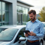 Homme d'affaires recherchant une voiture neuve en concession