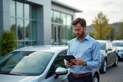 Homme d'affaires recherchant une voiture neuve en concession