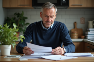Homme d'âge moyen examine des factures à la maison