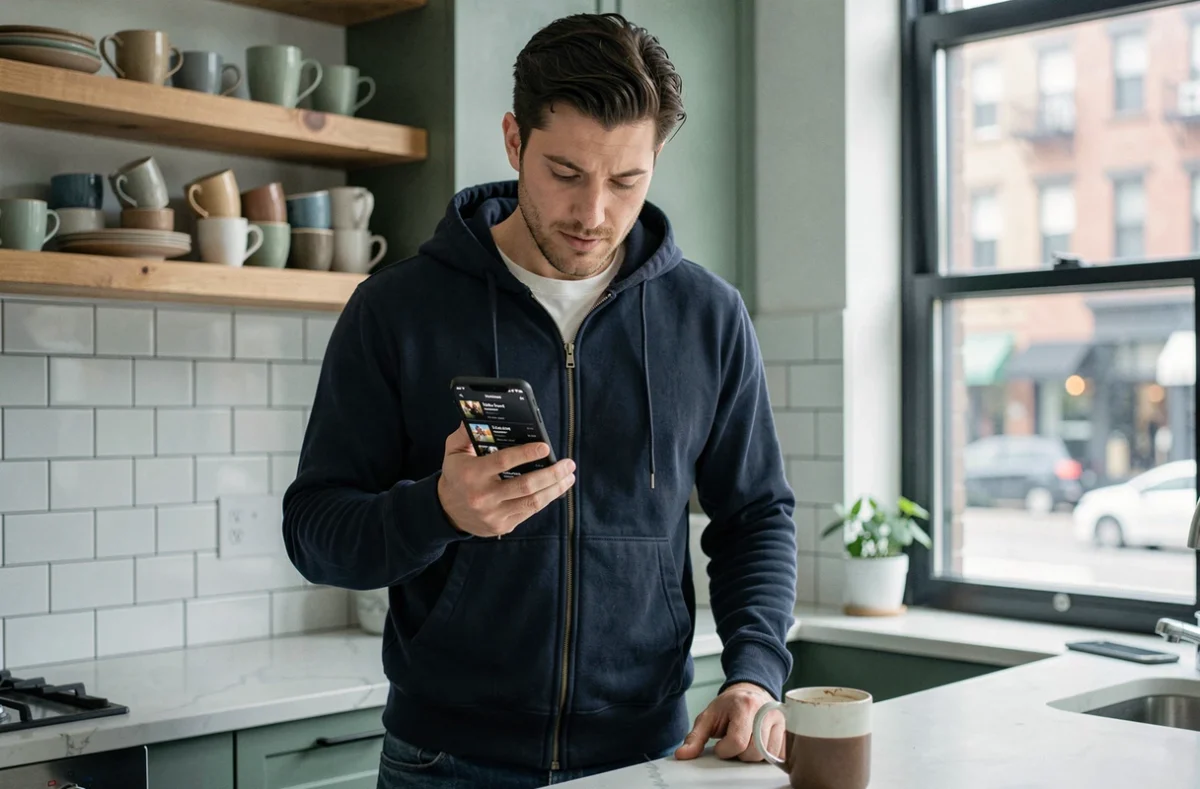 Homme consultant la liste des épisodes de DNews sur son smartphone dans une cuisine moderne