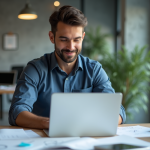 Homme en smart casual travaillant sur son ordinateur dans un bureau moderne