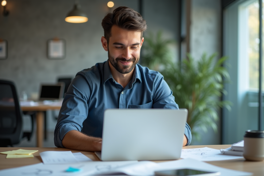 Homme en smart casual travaillant sur son ordinateur dans un bureau moderne