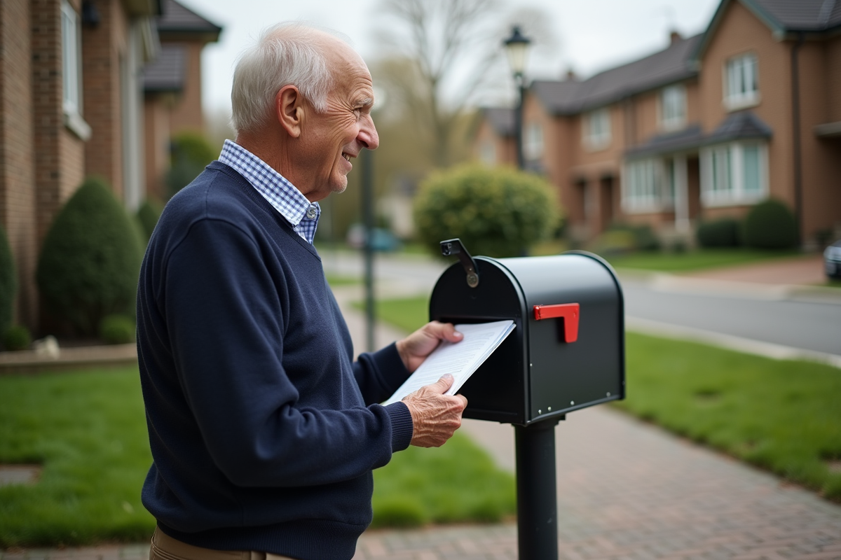 Homme âgé récupérant son courrier devant sa maison