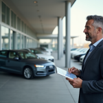 Homme d affaires examinant des voitures neuves en concession