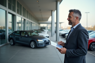 Homme d affaires examinant des voitures neuves en concession