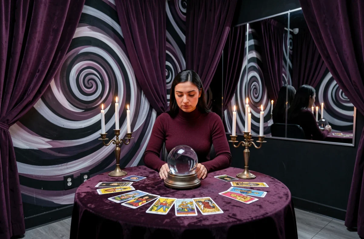Joueuse assise devant une boule de cristal dans la salle Hypnotik Room à Fillinges, décor hypnotique avec miroirs et spirales peintes