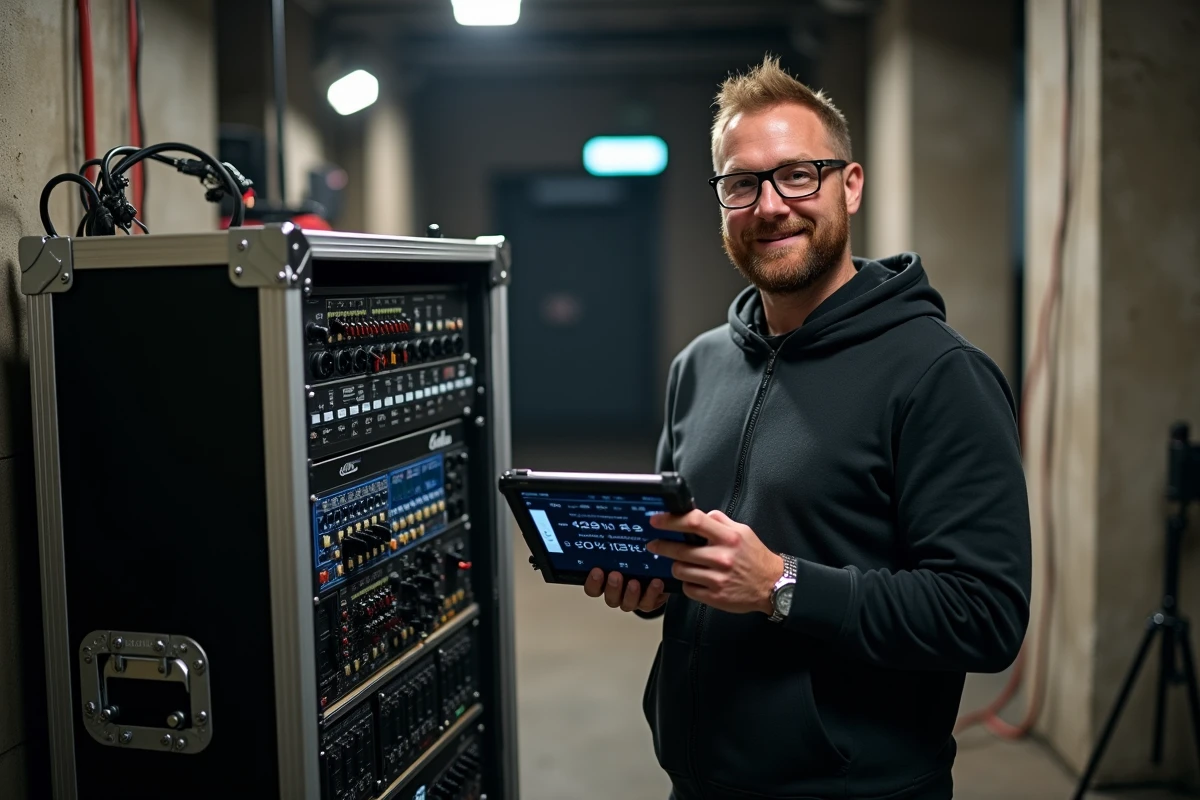 Ingénieur du son consultant une calculatrice de décibels sur tablette en coulisses d'une salle de concert avec rack audio professionnel