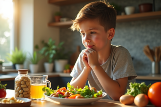 Jeune adulte pensif avec légumes et vitamines pour l article