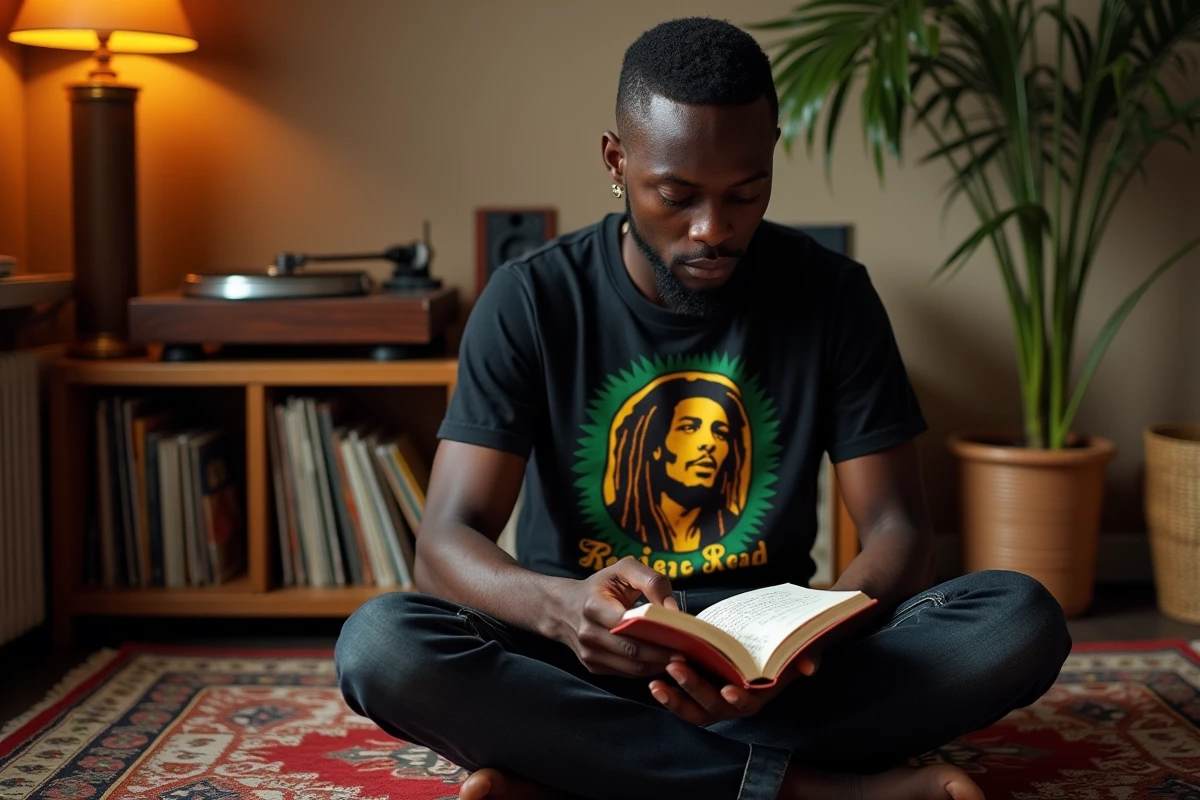 Jeune chanteur de reggae analysant ses paroles et son flow dans un espace de répétition à domicile