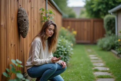 Jeune femme près d'un nid de guêpes dans un jardin