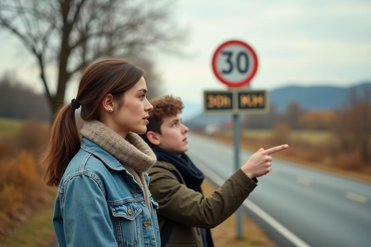 Jeune femme pointant un panneau de vitesse en campagne