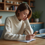 Jeune femme en intérieur utilisant son smartphone dans un appartement moderne