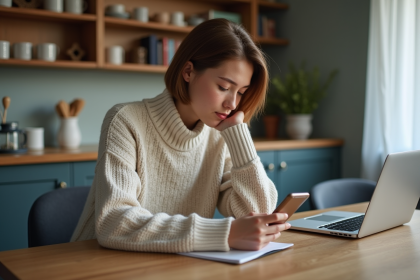 Jeune femme en intérieur utilisant son smartphone dans un appartement moderne