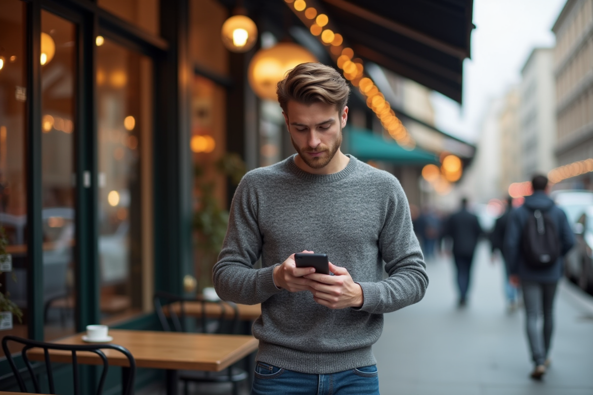 Jeune homme dans un café urbain avec smartphone