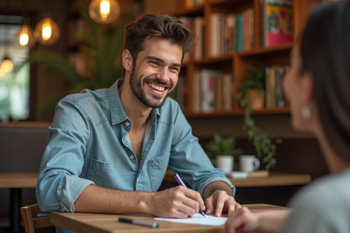 Jeune homme écrivant une devinette au café
