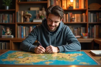 Jeune homme étudiant une carte fantasy dans un coin gaming