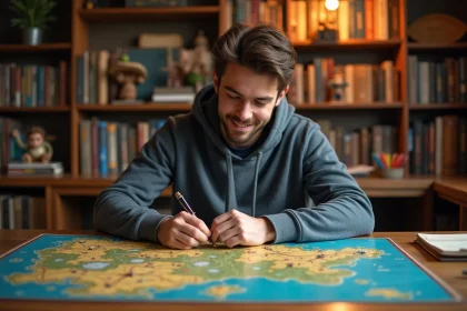 Jeune homme étudiant une carte fantasy dans un coin gaming