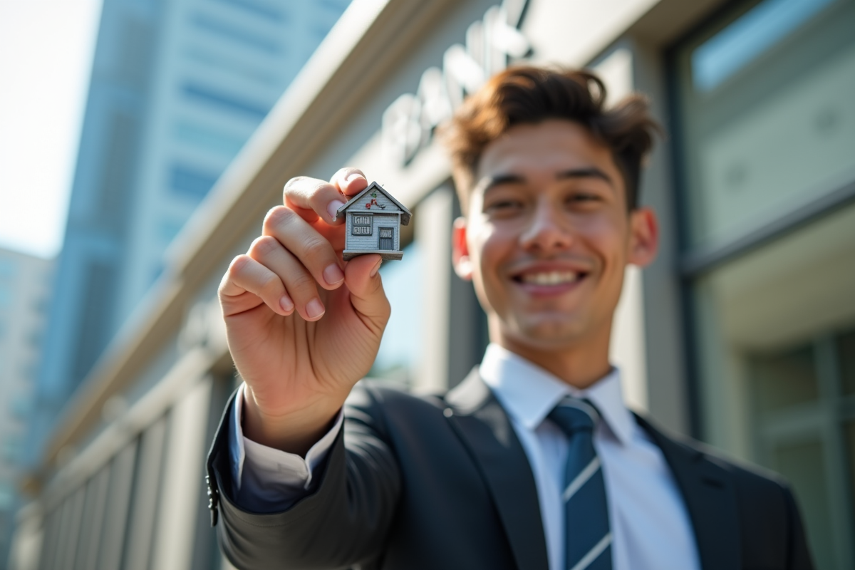 Jeune homme souriant tenant une clé en forme de maison devant une banque