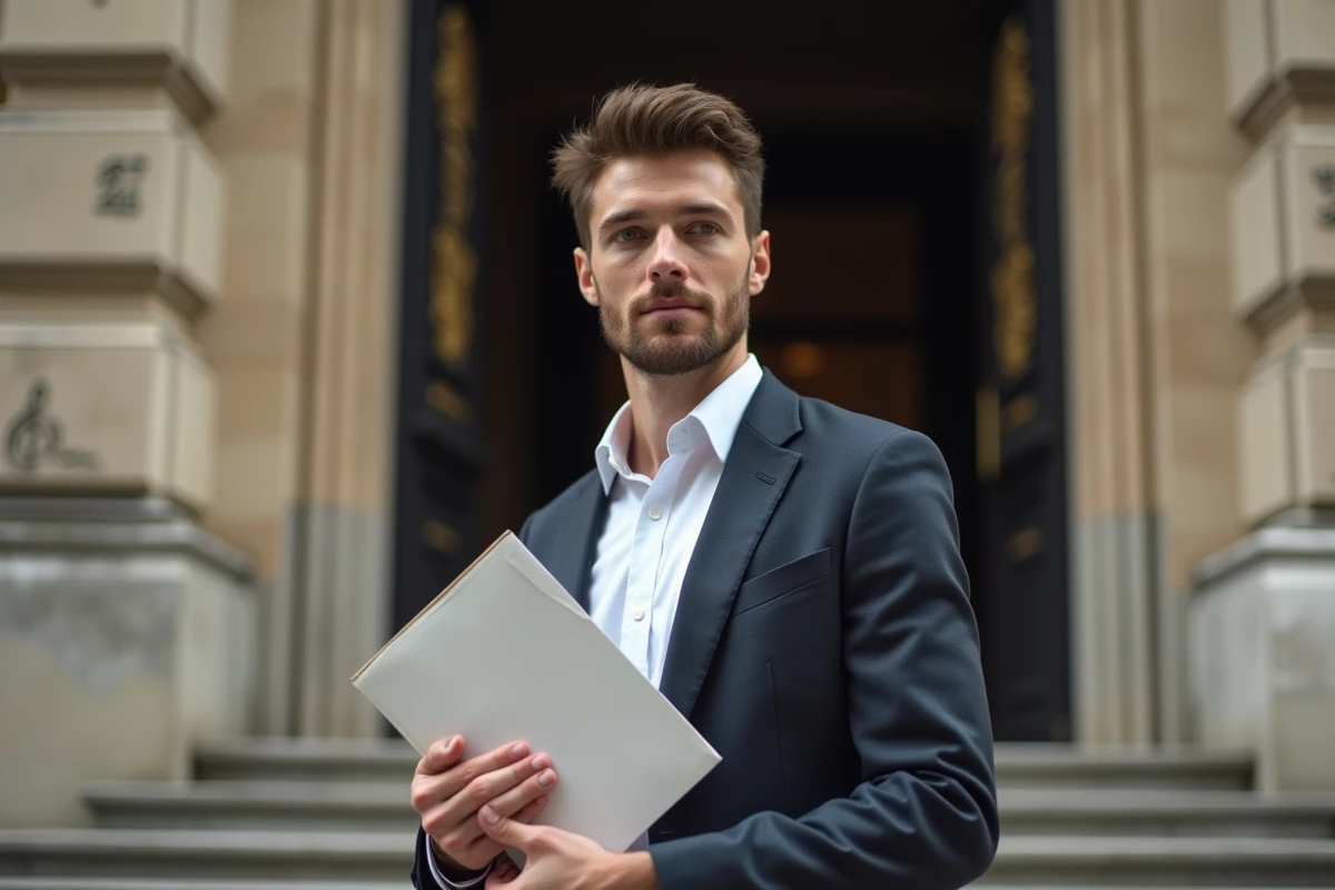 Jeune homme devant un palais de justice avec enveloppe scellee