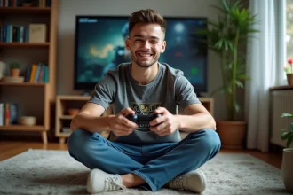 Jeune homme jouant à la console dans un salon moderne