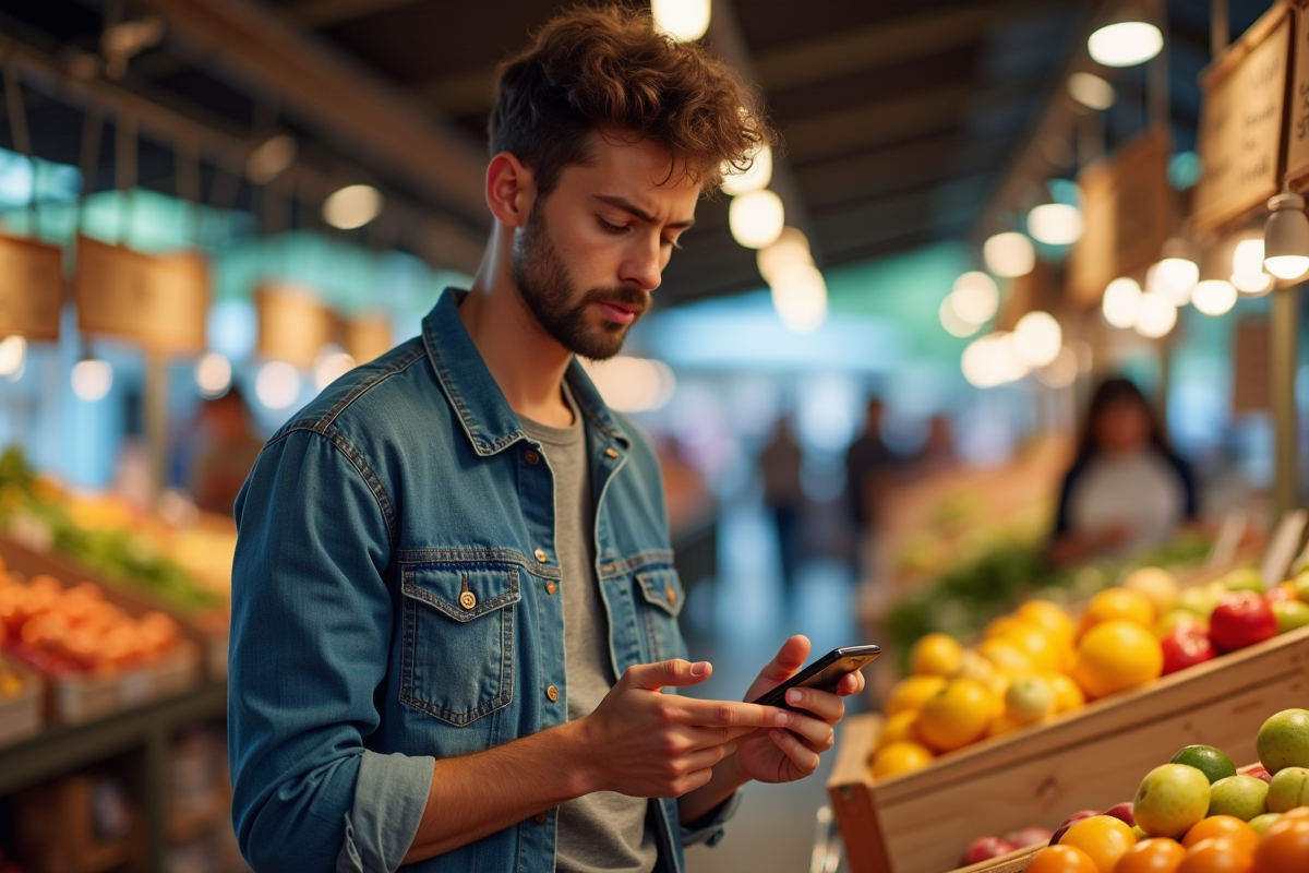 Jeune homme regarde les prix des courses dans un marché en plein air