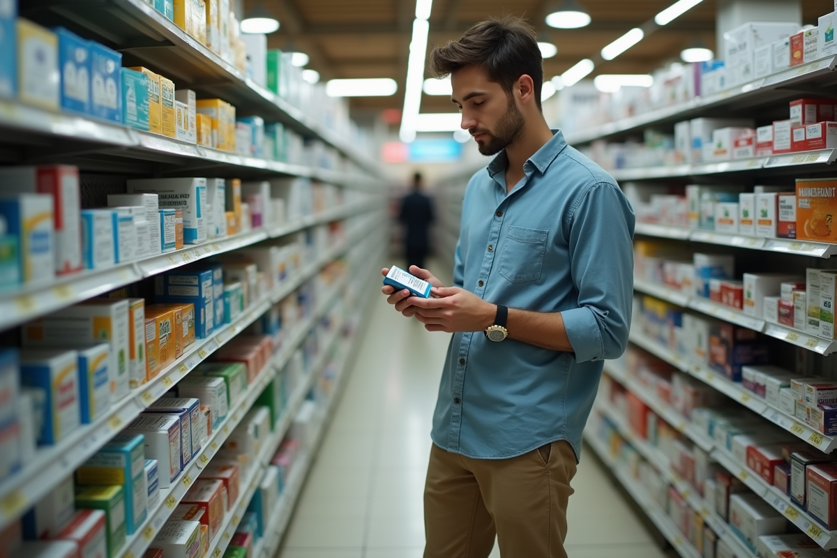 Jeune homme examine remèdes homeopathiques en pharmacie