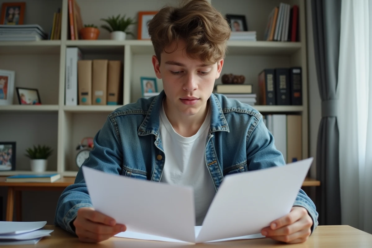 Jeune homme examine des papiers de revenu dans sa chambre
