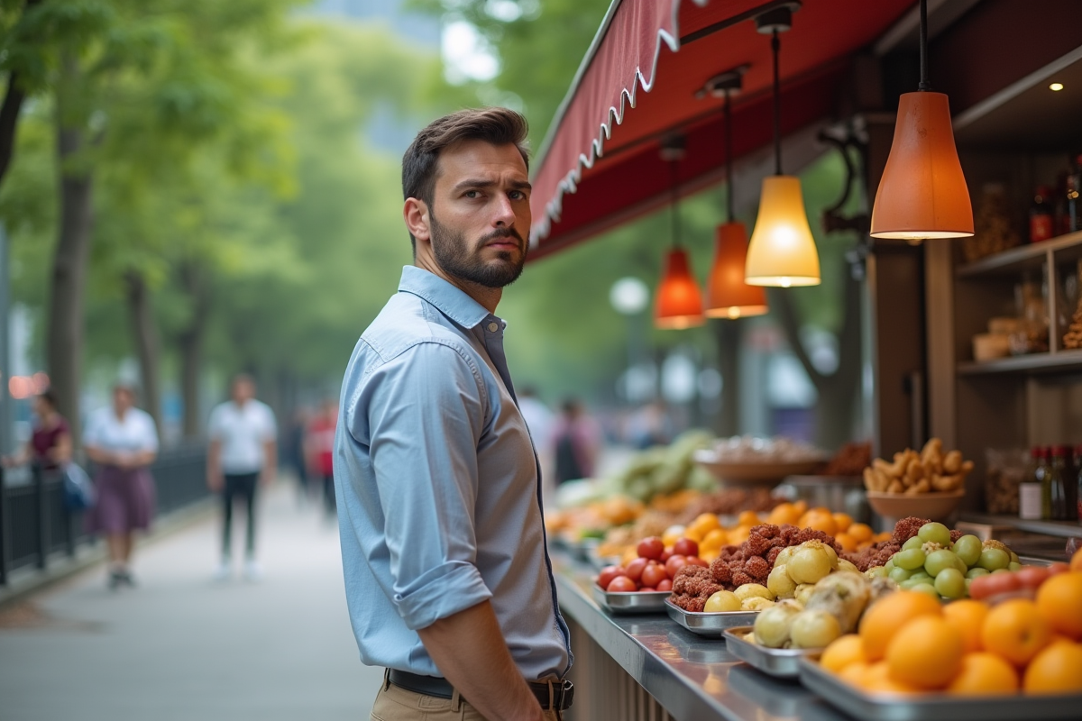 Jeune homme hésitant devant un stand de nourriture en ville