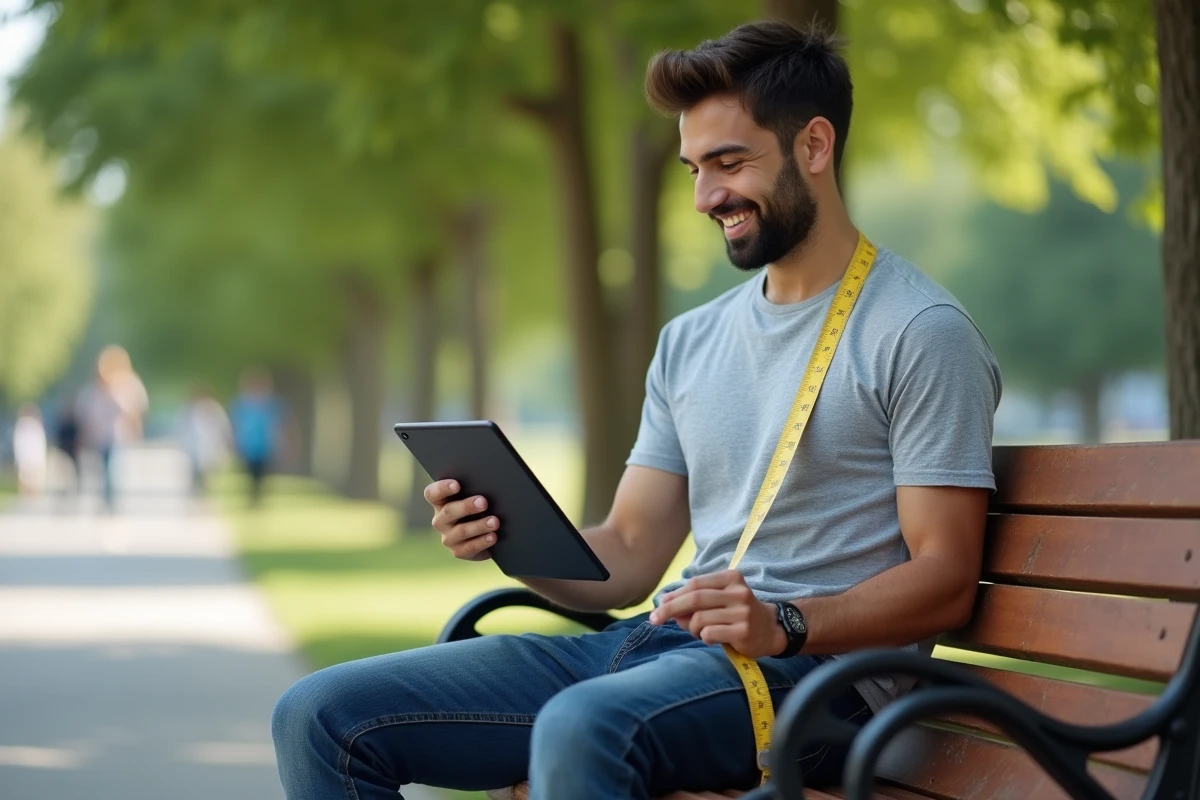 Jeune homme utilisant une tablette pour convertir pouces en centimetres en plein air