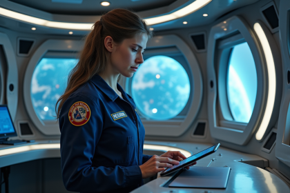 Jeune scientifique dans une salle de contrôle spatiale