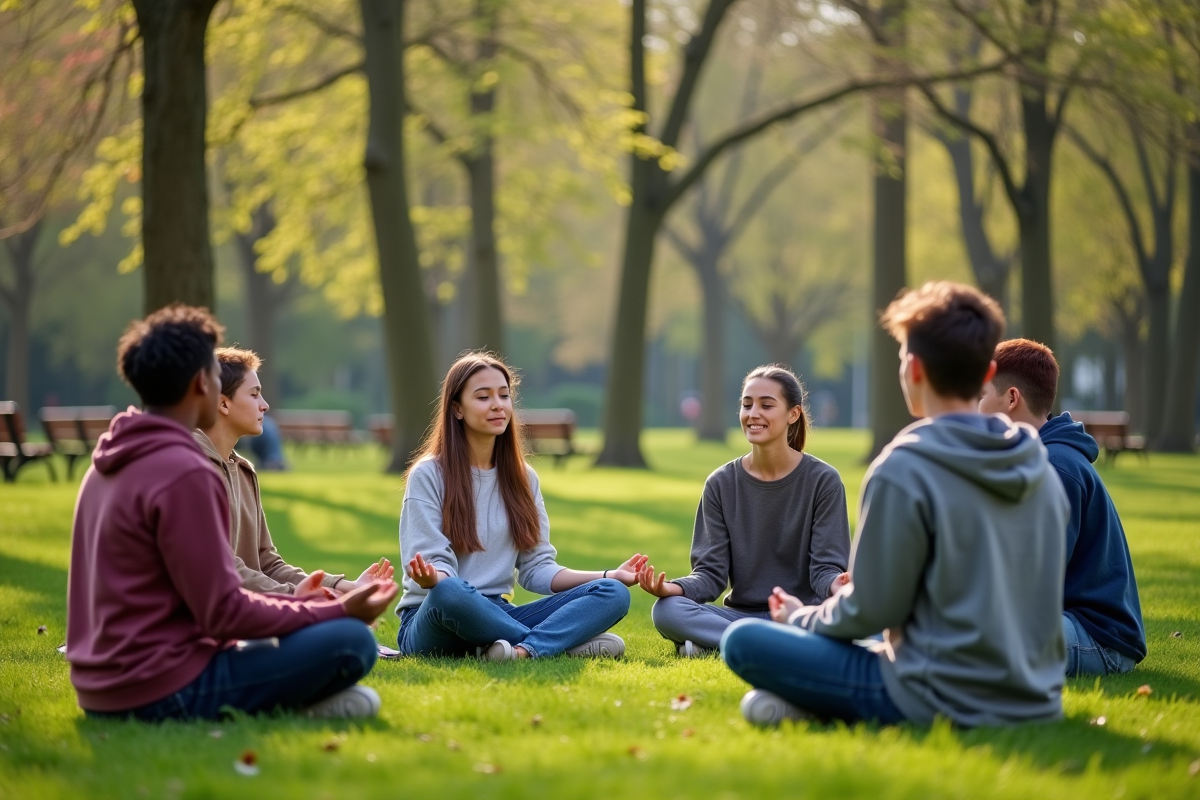Groupe d adolescents pratiquant la pleine conscience en plein air